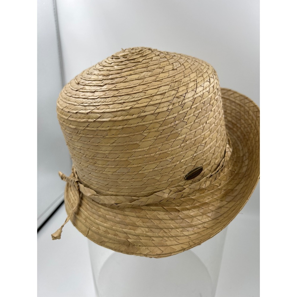Liz Claiborne Women Tan Woven Straw Sun Hat Braided Band Logo Plaque